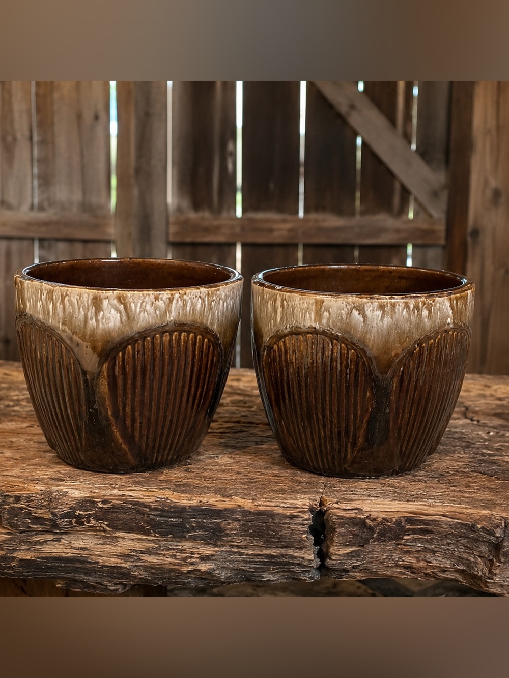Vintage Robinson Ransbottom drip glazed in Vertical. browns.. X2  4” pots